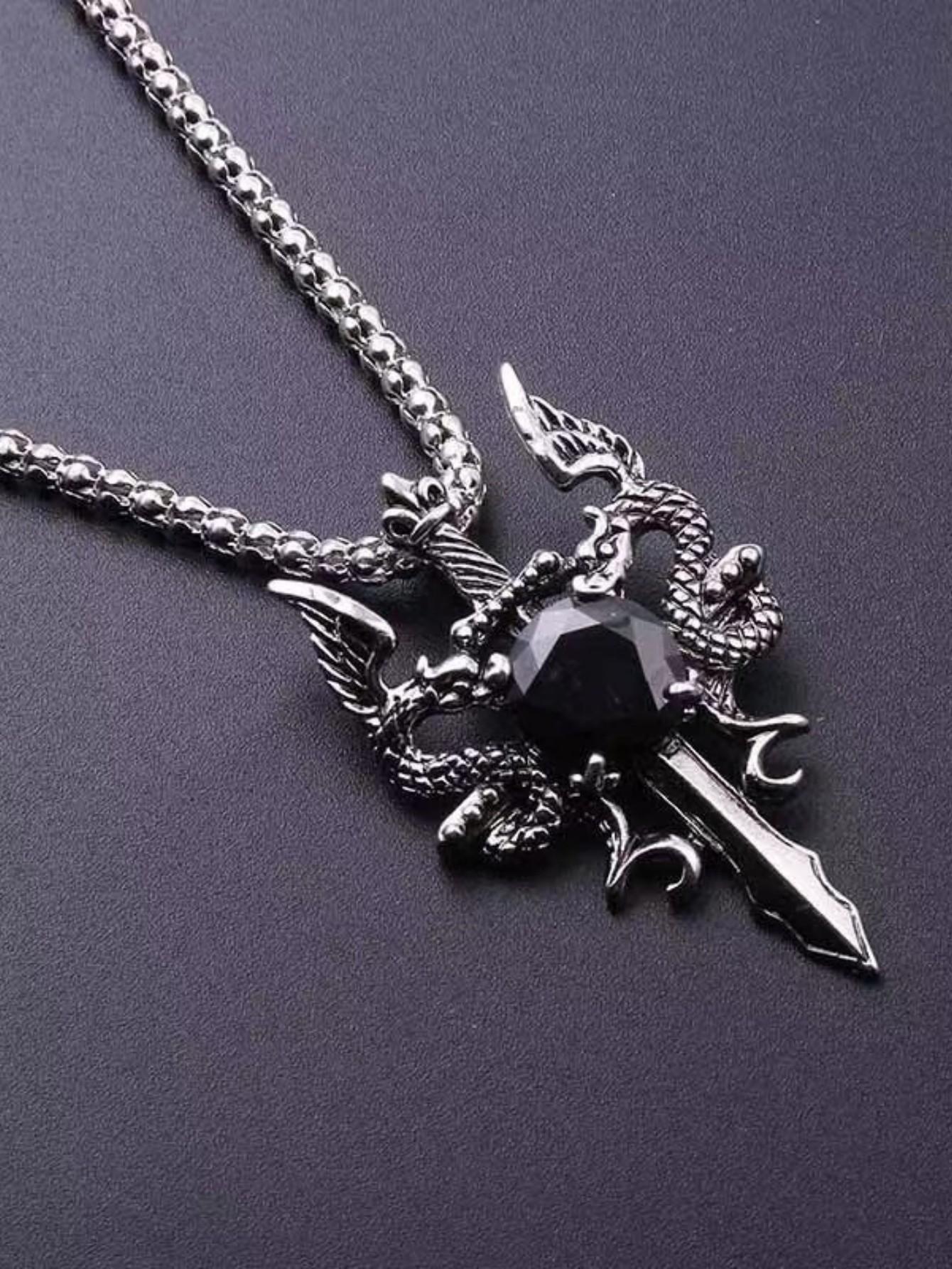 

1 Gothic Style Women s Ancient Silver-color Evil Dragon Gem Pendant Necklace Personalized Fashion Street Sweater Chain Jewelry