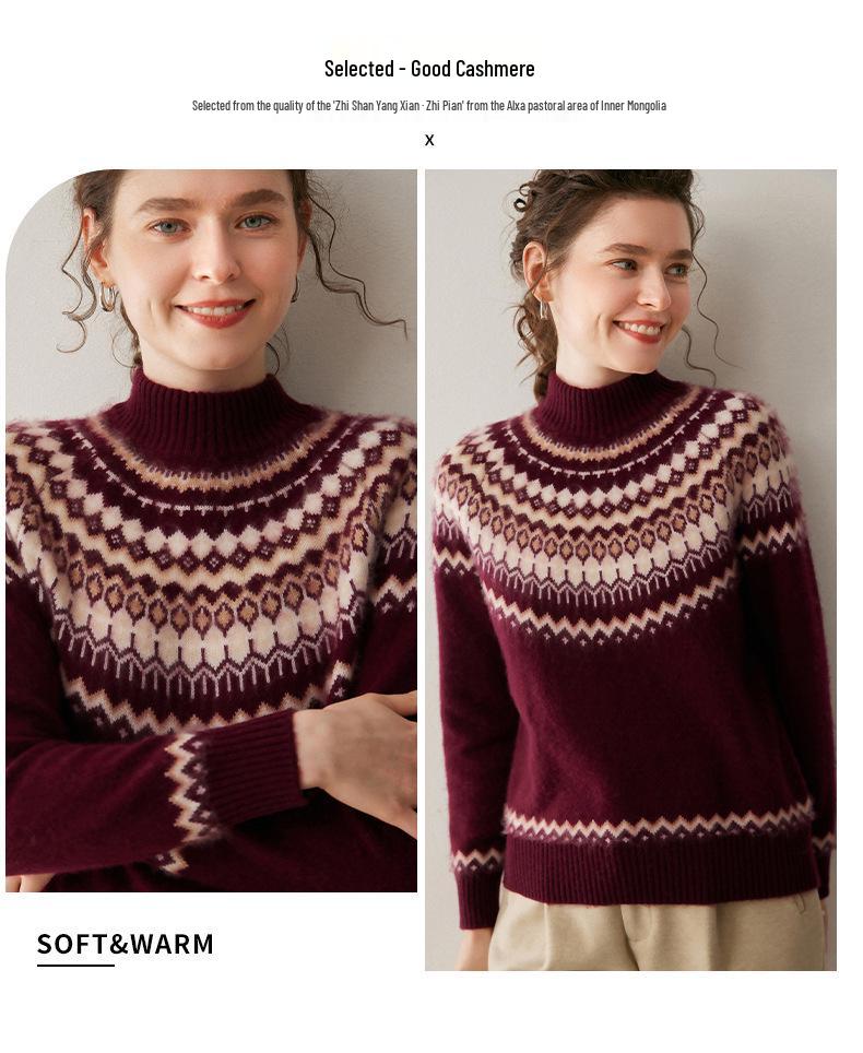 2025 Women's Fair Isle Cashmere Sweater: Autumn/Winter Knit Half-High Collar Loose Fit