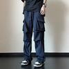Men Cargo Pants Mid-rise Drawstring Multi Pockets Design Leisure Trousers Solid Color Wide Leg Outdoor Camping Pants Plus Size