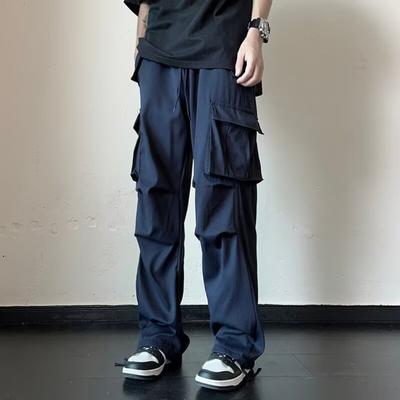 Men Cargo Pants Mid-rise Drawstring Multi Pockets Design Leisure Trousers Solid Color Wide Leg Outdoor Camping Pants Plus Size