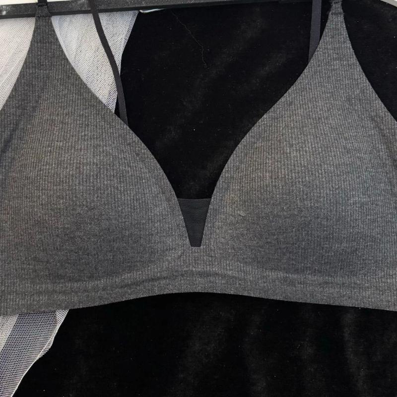 Dark Grey Ribbed Wireless Bra with Thin Adjustable Straps