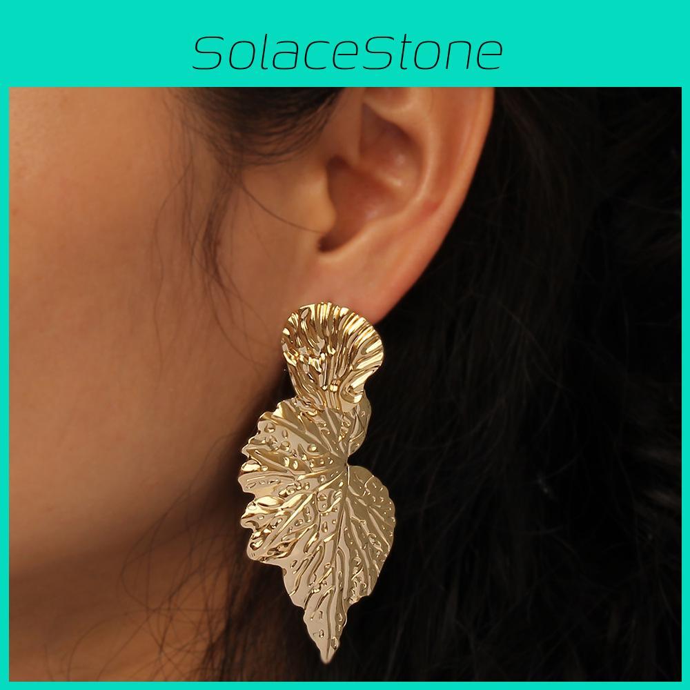 Metal Leaf Earrings With Gold Coating And Bold Design For Women