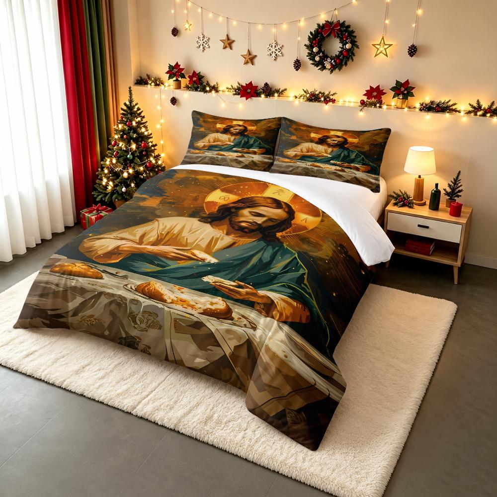 Jesus Breaking Bread Bedding set (1 duvet cover, 2 pillowcases, duvet not included), Golden Halo Religious Art Painting Print