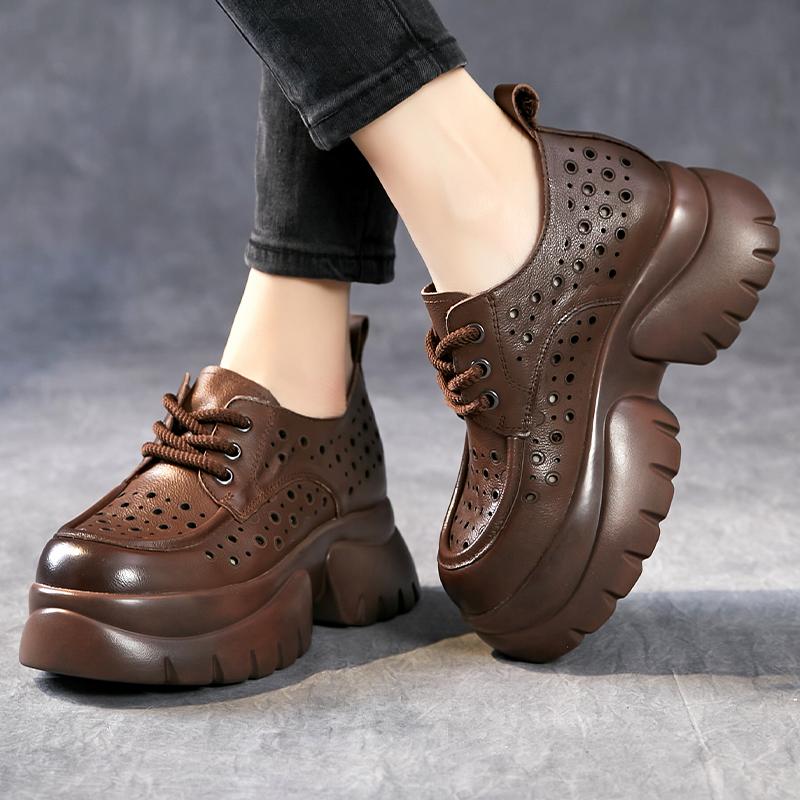 Mode GKTINOO Handgefertigt Retro 2025 Neu Frühling Sommer Damen Schuhe Dicke Sohle Echtes Leder Sandalen Ausgehöhlte Plateau Keilabsatz Sneaker