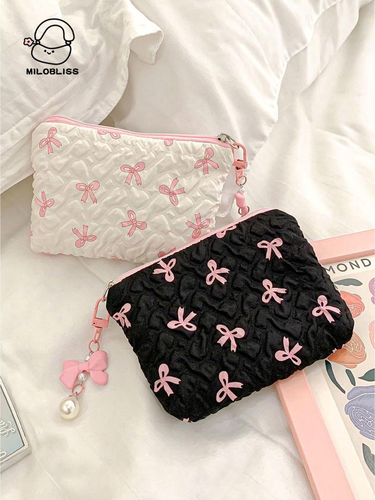 Elegant Pleated Bow Makeup Bag: Chic Design & Convenient Lipstick Clutch for Women