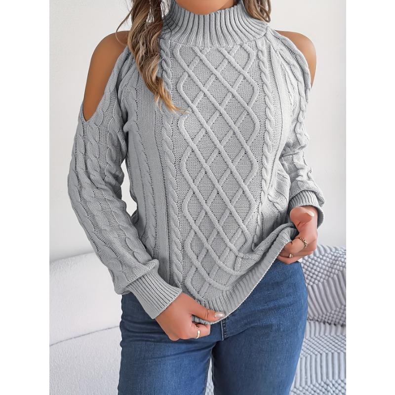 Women's Off-Shoulder High Neck Cable- Sweater - Soft Stretchy Long Sleeve Pullover, Solid Color Casual Chic Fall Winter Top, Highneck Pullover