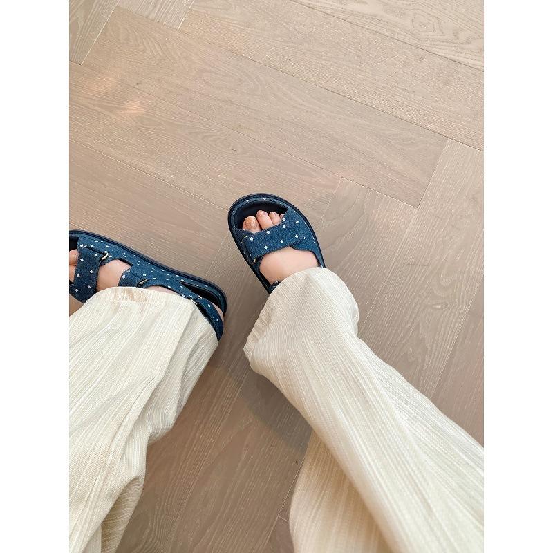 Sheepskin Version Su Yinyin Xiaoxiangfeng Velcro Leather Denim Casual Platform Sandals Women's Summer Wear Cool Slippers