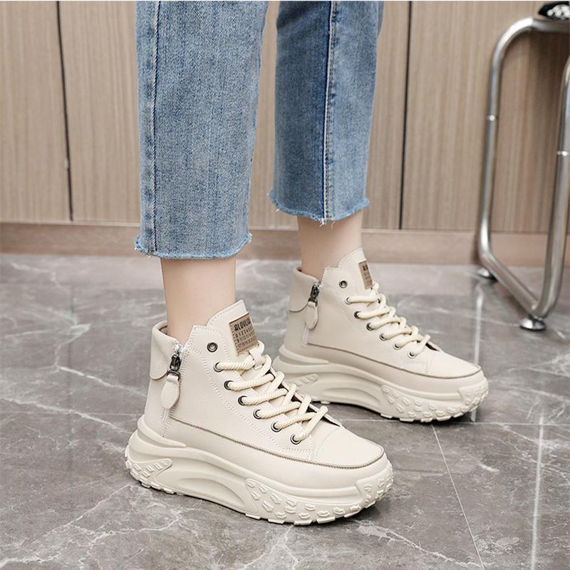 Vier Jahreszeiten High Top Schuhe für Damen, Schuhe mit runder Zehenpartie, Einzelschuhe mit dicker Sohle, Lässige Board-Schuhe mit Höhenvergrößerung, Warme und plüschige Schuhe