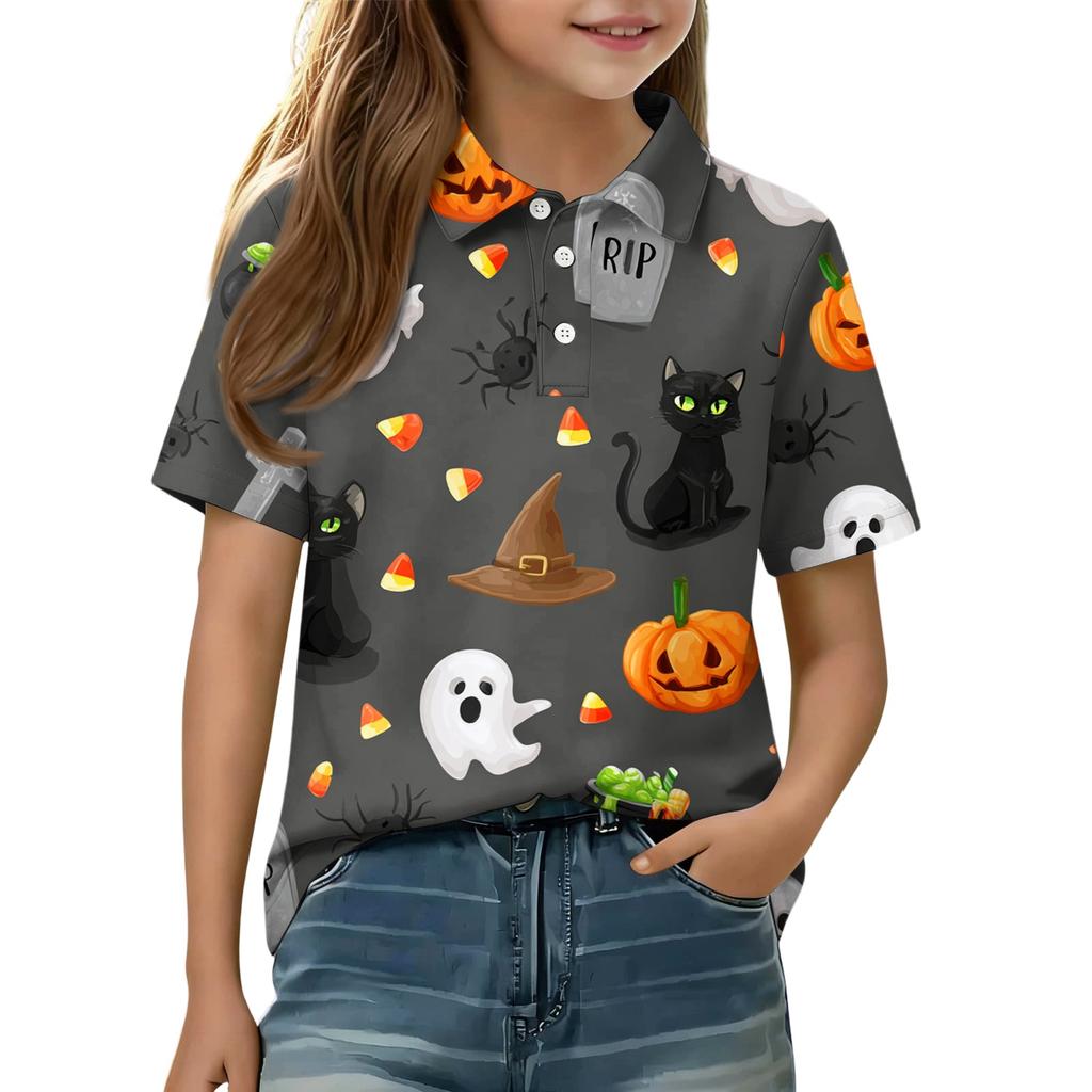 Kids Halloween Print Polo Shirt Short Sleeve Casual Tee Top with Button Collar for Boys Girls Comfortable Fit