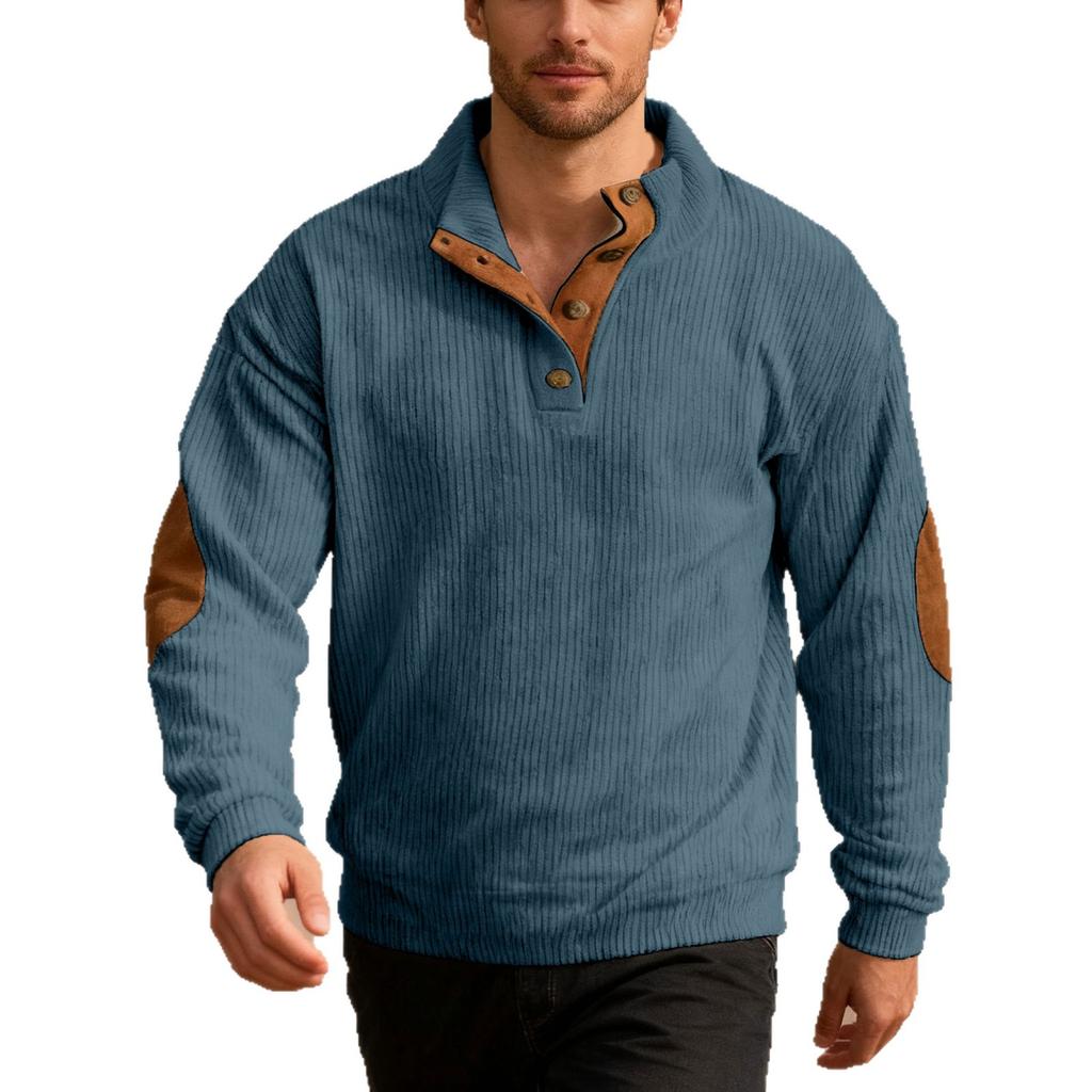 New Men's Casual Corduroy Patch Stand Collar Sweatshirt - Loose Fit Oversized Menswear