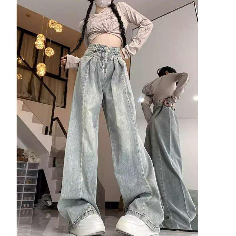 High-Waisted Retro Light Wash Wide-Leg Jeans with Semi-Elastic Waist