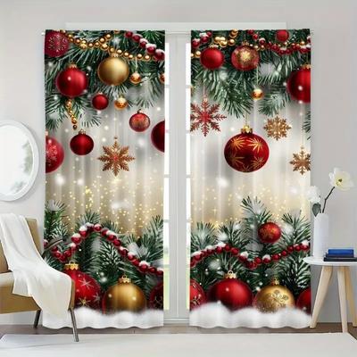2pcs Set Christmas Ball Decorative Curtains 3D Print Bedroom Living Room Window Polyester Partition Style Home Decoration