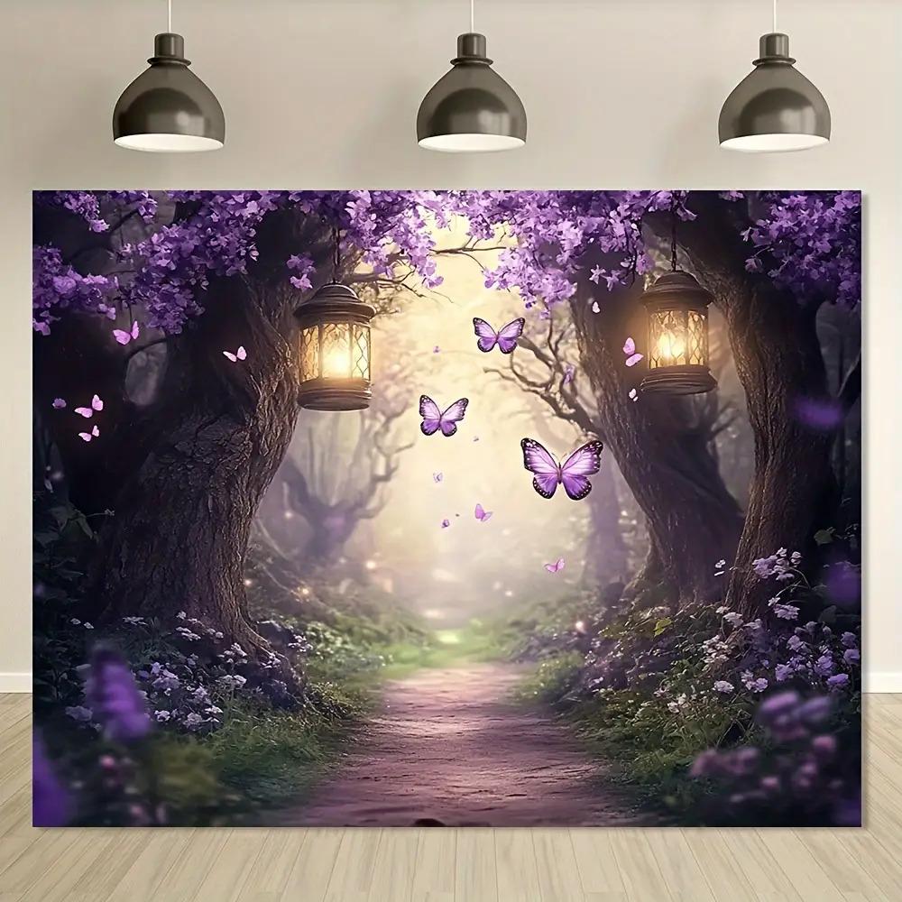 Enchanted Purple Flower Forest Path with Butterflies Wall Tapestry 2D Flat Print Fantasy Art Nature Decor Boho Style Home