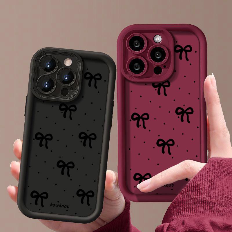 Black Bowknot Print TPU Soft Case For iPhone 16 Pro Max 15 Pro 14 13 12 11 XR XS 8 7 Lens Protection Shockproof Matte Phone Cover