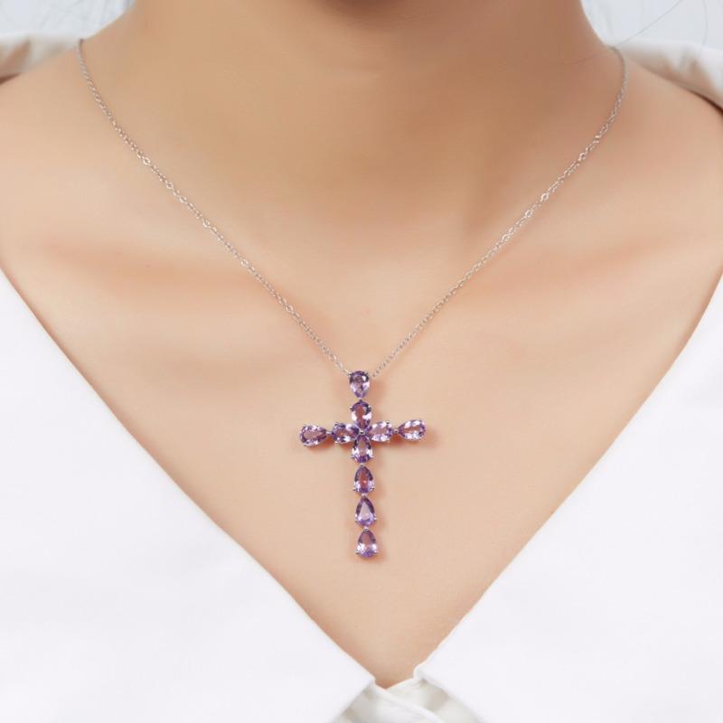 BELLA BOX Women's Collarbone Necklace With 925 Silver Plated Natural Colored Gemstone Cross Pendant With Amethyst