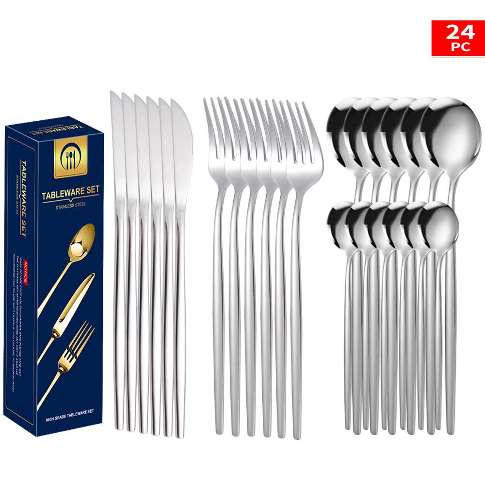 Set tacâmuri din oțel inoxidabil Portugal Gold, 24 de piese: Cuțit de Steak, Furculiță, Lingură de Hotel în Cutie Cadou