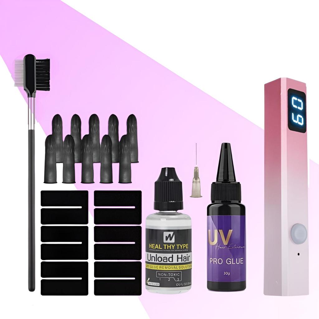Pro UV Hair Kit: Salon Lamp & Fast-Cure Glue/Remover for Invisible Bonds, Home & Salon All-in-One System