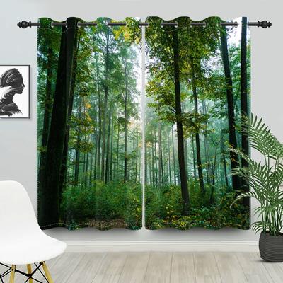 2pcs/set Blackout Curtains Sunny Forest Natural Green Space Landscape Polyester Window Bedroom Kitchen Home Interior Curtains