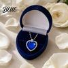 Blue Gemstone Pendant Heart Necklace Faux Diamond Sparkly Romantic Light-reflecting