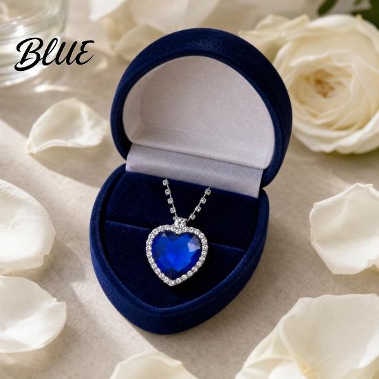 Blue Gemstone Pendant Heart Necklace Faux Diamond Sparkly Romantic Light-reflecting