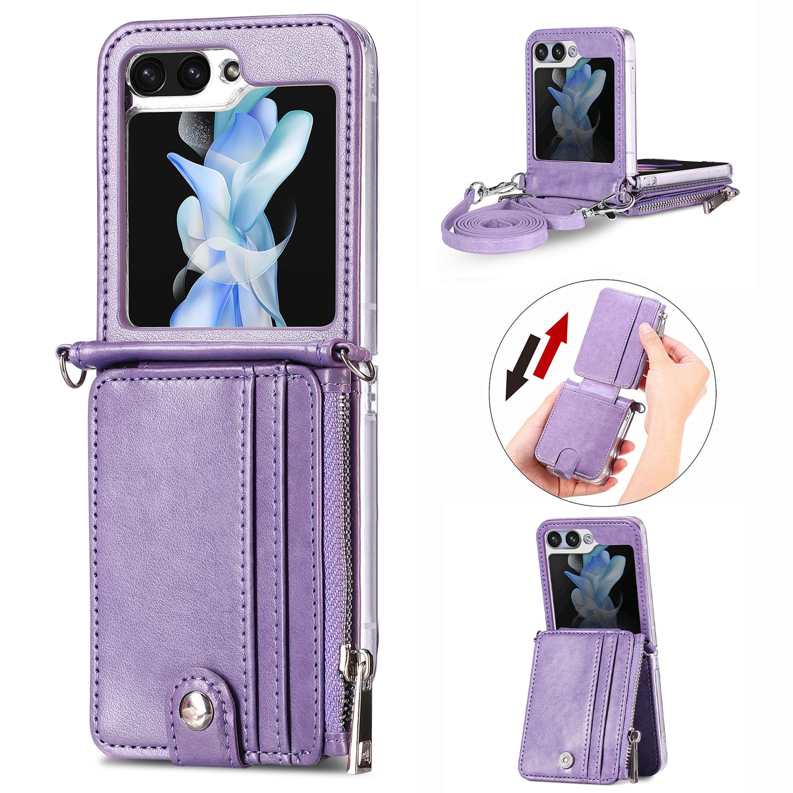 

For Samsung Galaxy Z Flip7 FE 5G/Z Flip6 5G Case Zipper Card Holder Leather Phone Cover with Long Strap Purple
