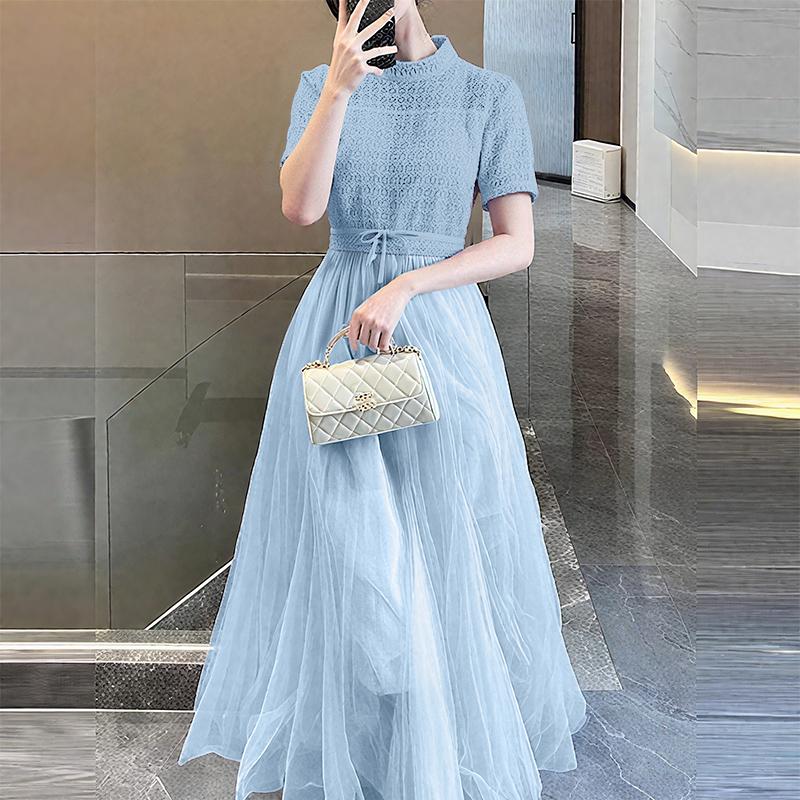 ZANZEA Women Turtleneck Casual Mesh Splice Summer Short Sleeve Dress