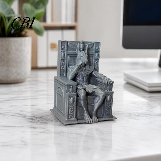 3D Printed Stone Sculpture Anubis Sitting On Throne Statue, Palm-Sized Retro Gray Texture Mini Ornament, Ancient Egyptian Style Stable Base Figurine