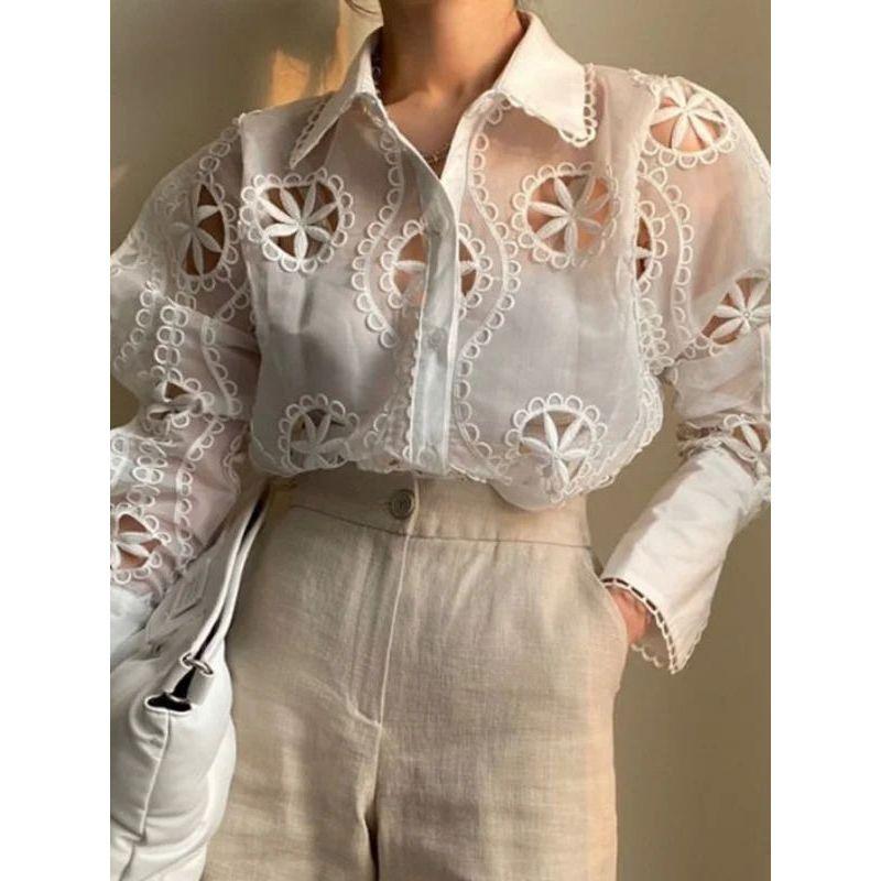 Collar Hollowed out Mesh Pattern Shirt Lapel Hollow out Mesh Pattern Shirts