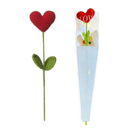 Virkat Hjärta Pinnar Handgjord Stickad Röd Hjärta Bukett med Gröna Blad Alla Hjärtans Dag Vasfyllning för Bordscenterpiece Heminredning