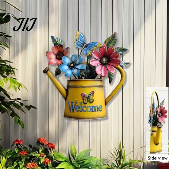 Patio Yard Wall Accents Rustic Metal Watering Can Art, Flower Butterfly Welcome Sign, Farmhouse Sign for Front Door Iron Hanging Decor Porch