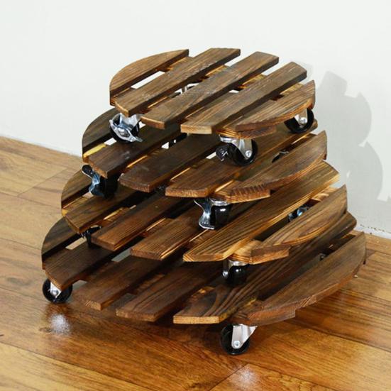 Wooden Flower Pot Tray Round Plant Rolling Board Outdoor Weatherproof Plant Pot Base with 360 Rotating Wheels for Indoor Outdoor Potted Plants