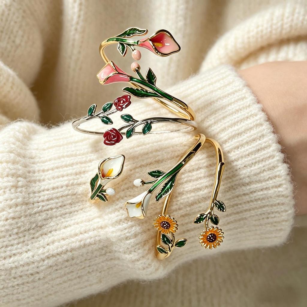 Retro 3D Rose Daisy Camellia Bracelet Set: Women's Enamel Openable Bangle – Elegant Cross-border Style