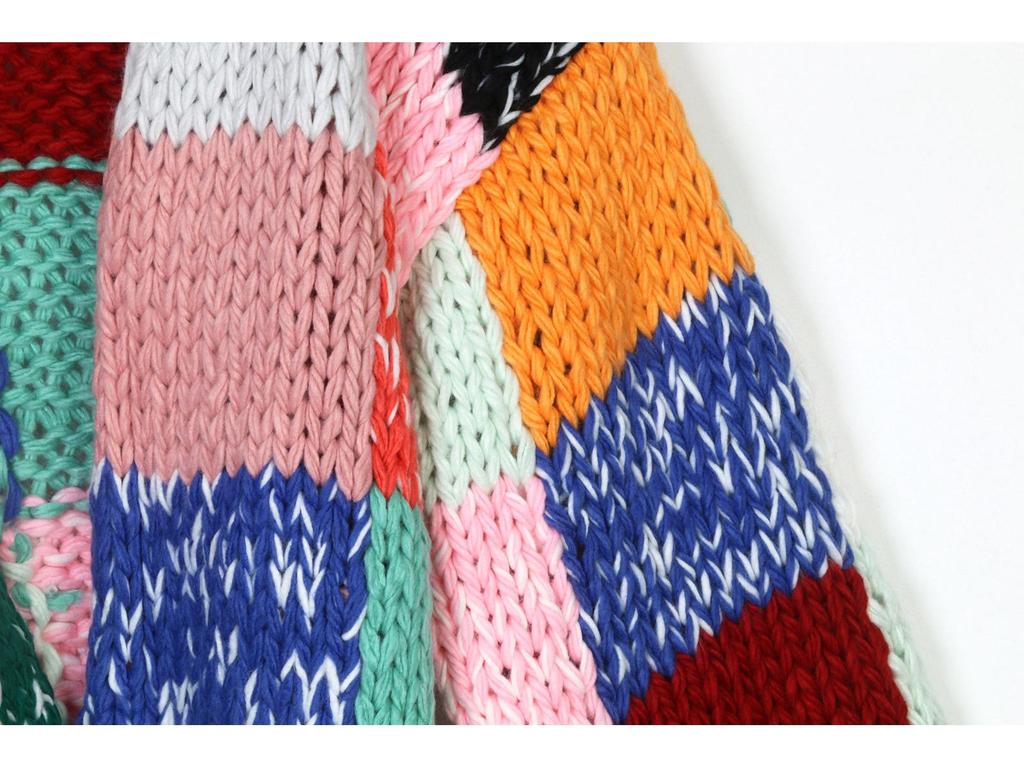 Retro Color Block Rainbow Cardigan: Women's Handmade Long Sleeve Sweater for Autumn/Winter