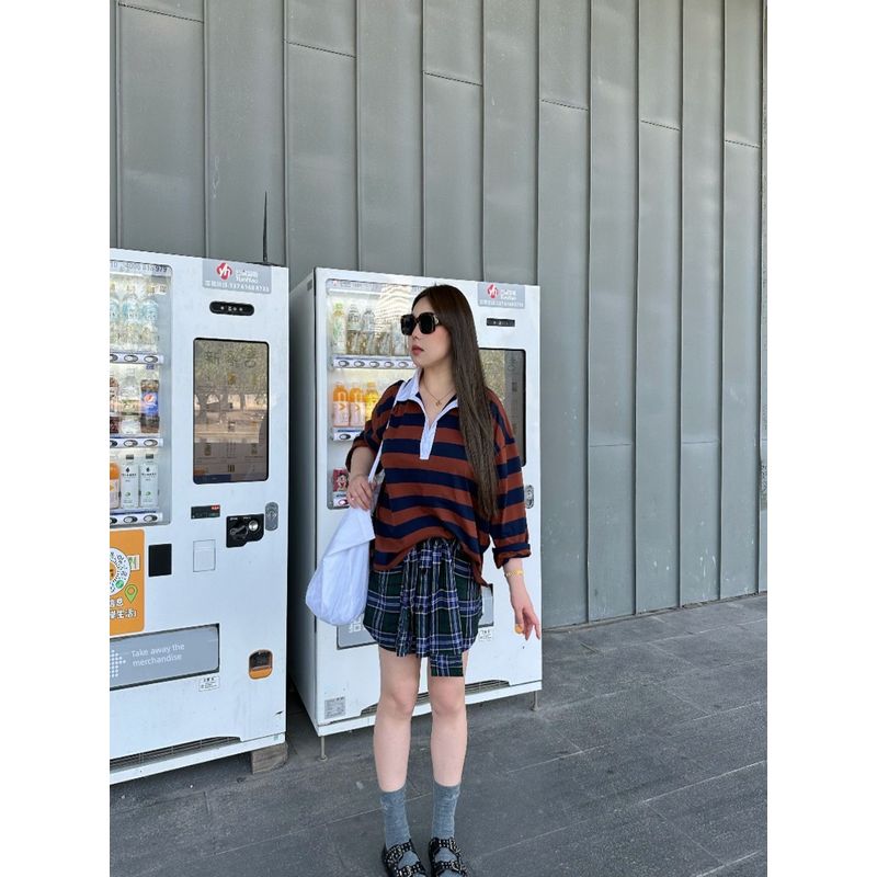 30% Off Miss Biggie European and American Plus Size Slimming Versatile Loose Combed Cotton Horizontal Stripe Polo Collar Long Sleeves Shirt