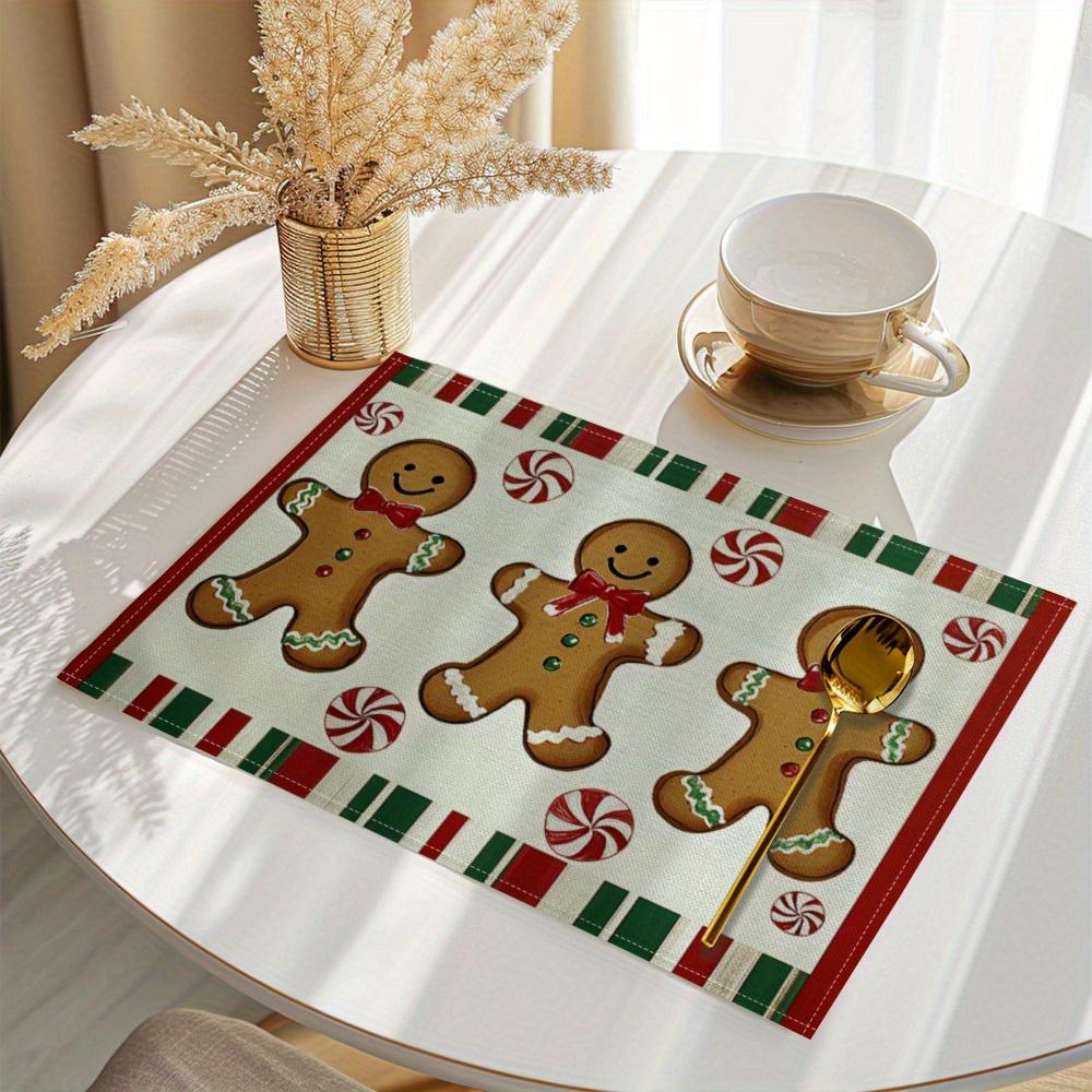 1/2/4/6/8pcs Christmas Whimsical Gingerbread and Bow Pattern Printed Placemats; Washable; Suitable for Kitchen Dining Table Decorative Mats; Adds