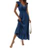 Spring new, fashionable and elegant solid color v-neck pleated splicing dress