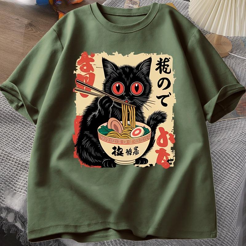 Vintage Japanese Black Cat RaUnisex T Shirts Cute Graphic Tee Funny Cat Eating RaUnisex TShirt Printing Cotton Short Sleeve Vintage S