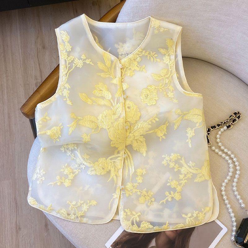 2025 Embroidered Organza Vest Buckle Thin Vest Vest Sleeveless Vest Women's Summer
