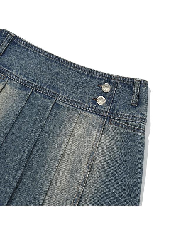 Kirsh Low-Waisted Asymmetrical Denim Pleated Mini Skirt [Blue]