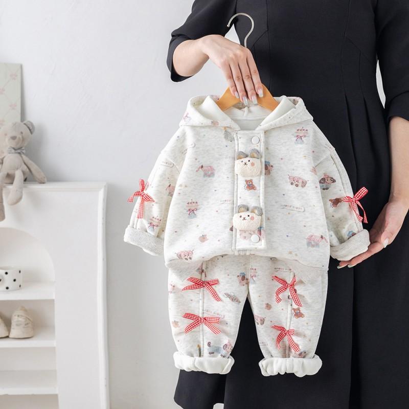 Girls Cartoon Bear Fleece Set Cute Bow Hoodie Pants Winter Outfit Kids Warm Clothing