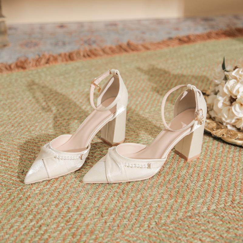 

Heels for Ladies New Pointed Thick Heel Hollow High Heels Sweet Satin Pearl Buckle Sandals Women Large Size Women s Shoes 44 33