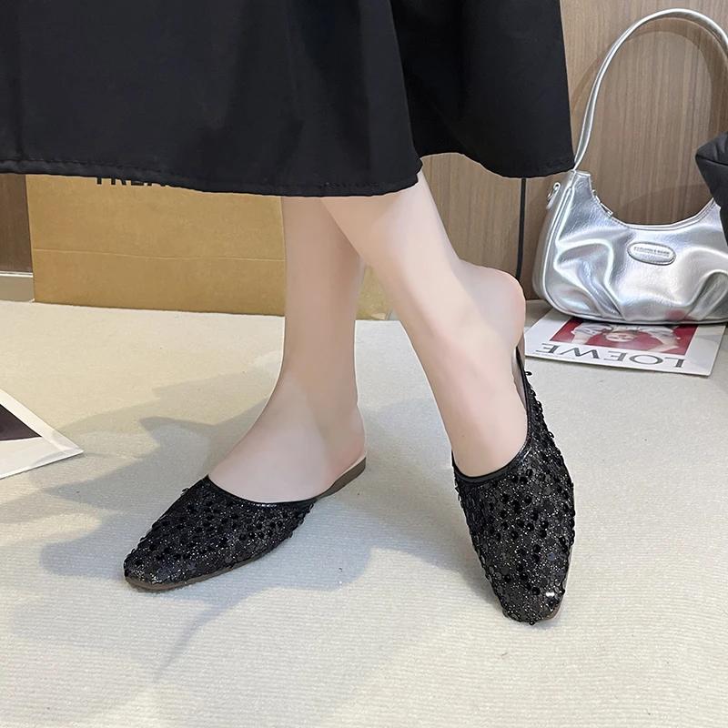 2025 ny sommar mode lyx platt klack festskor platta slip-on avslappnade bekväma damer diamant tofflor