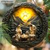 5pcs Wooden Nativity Scene Ornament with Golden Star - Savior'S Birth 2D Round Hanging Decor for Tree, Wall, Garden - Battery-Free Festive Decoration