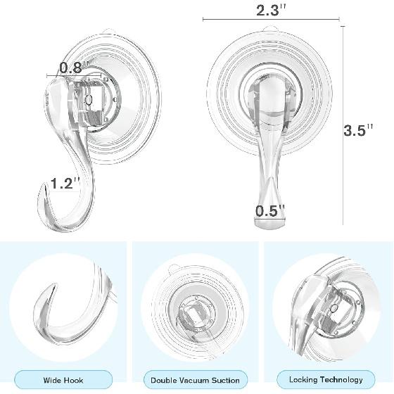 VIS'V Suction Cup Hooks, Small Shower Suction Hooks with Wipes, Heavy Duty, Removable and Reusable, Clear, 2 Pcs