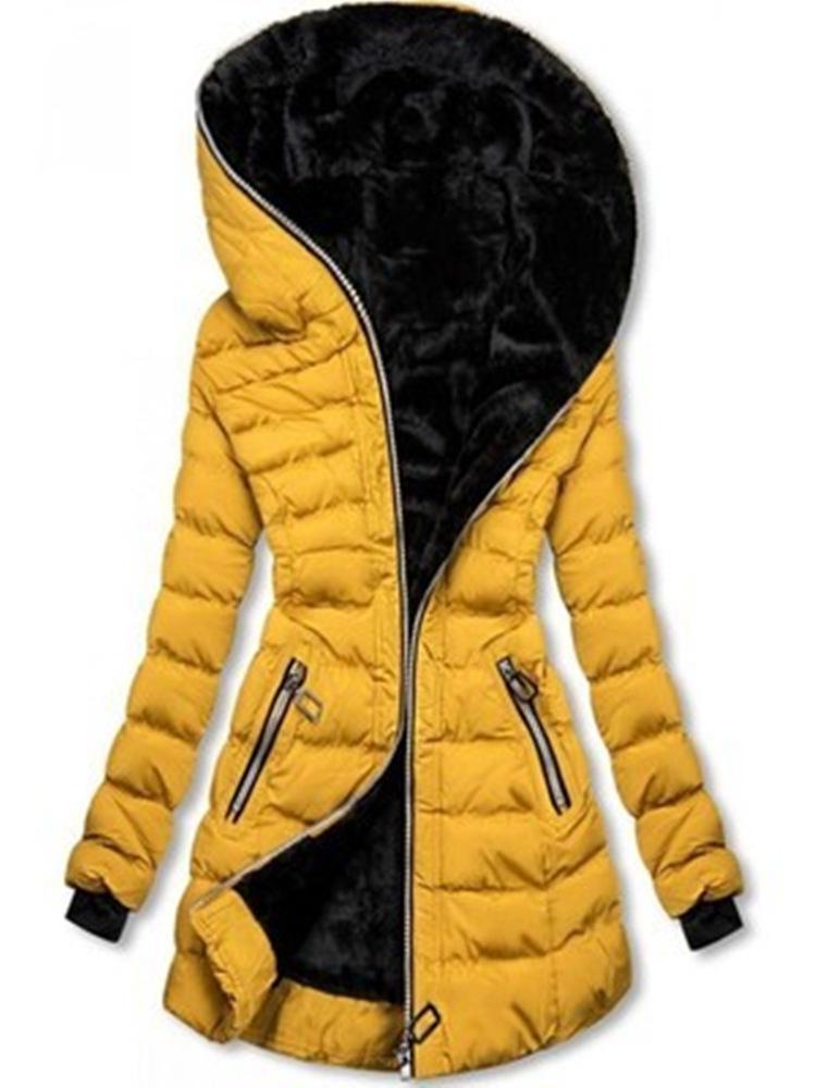 Damen Winterjacke mit Kapuze, langen Ärmeln und mittellanger Reißverschlussjacke aus Samt und Baumwolle