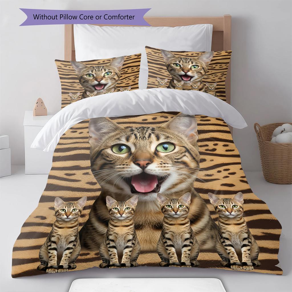 Cute Cat 3D Pattern Bedding Quilt Set Quilt Cover Pillowcase Home Decoration Gift (1 * duvet cover + 2 * pillowcase, without core)