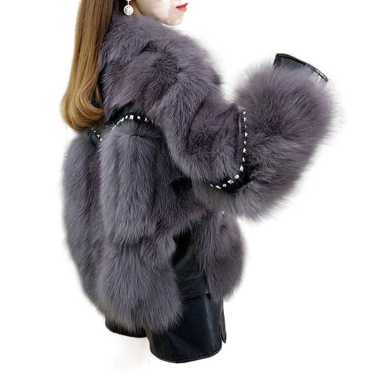 Korean Style Grey Faux Fur Batwing Sleeve Rivet Winter Coat for Women