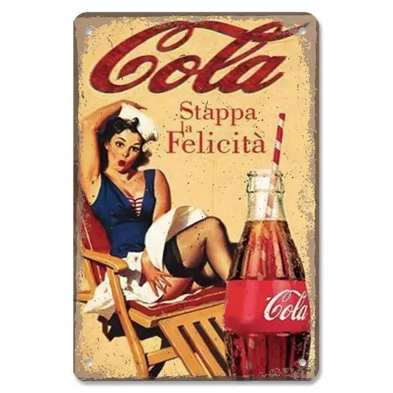 Tin Signs Vintage Cola Soft Drinks Poster Metal Girls Drink Cola Bottles Metal Plate Wall for Bar Pub Club Restaurant Decor
