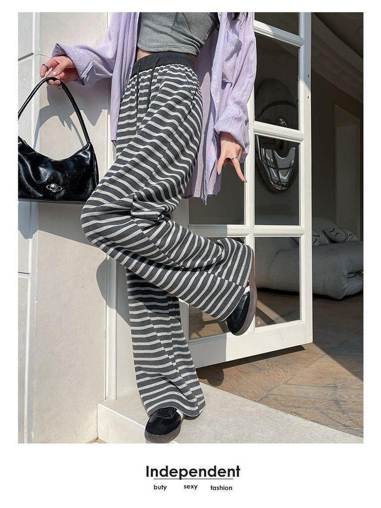 High-Waist Retro Striped Wide-Leg Pants with Drawstring - Women's Casual Floor-Length Knit for Autumn and Spring