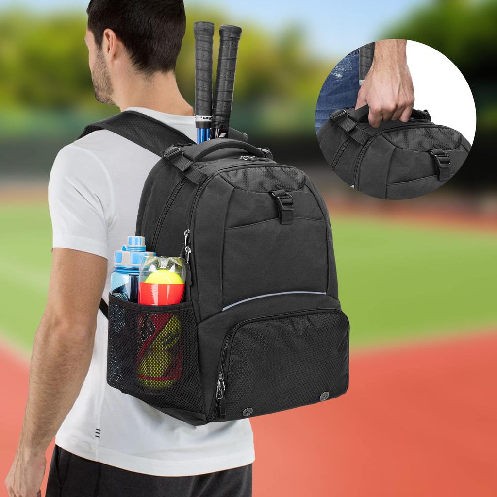 DSLEAF Tennis Backpack with Shoe Large Capacity Bag, 2-Racquet Compartment, (Black)